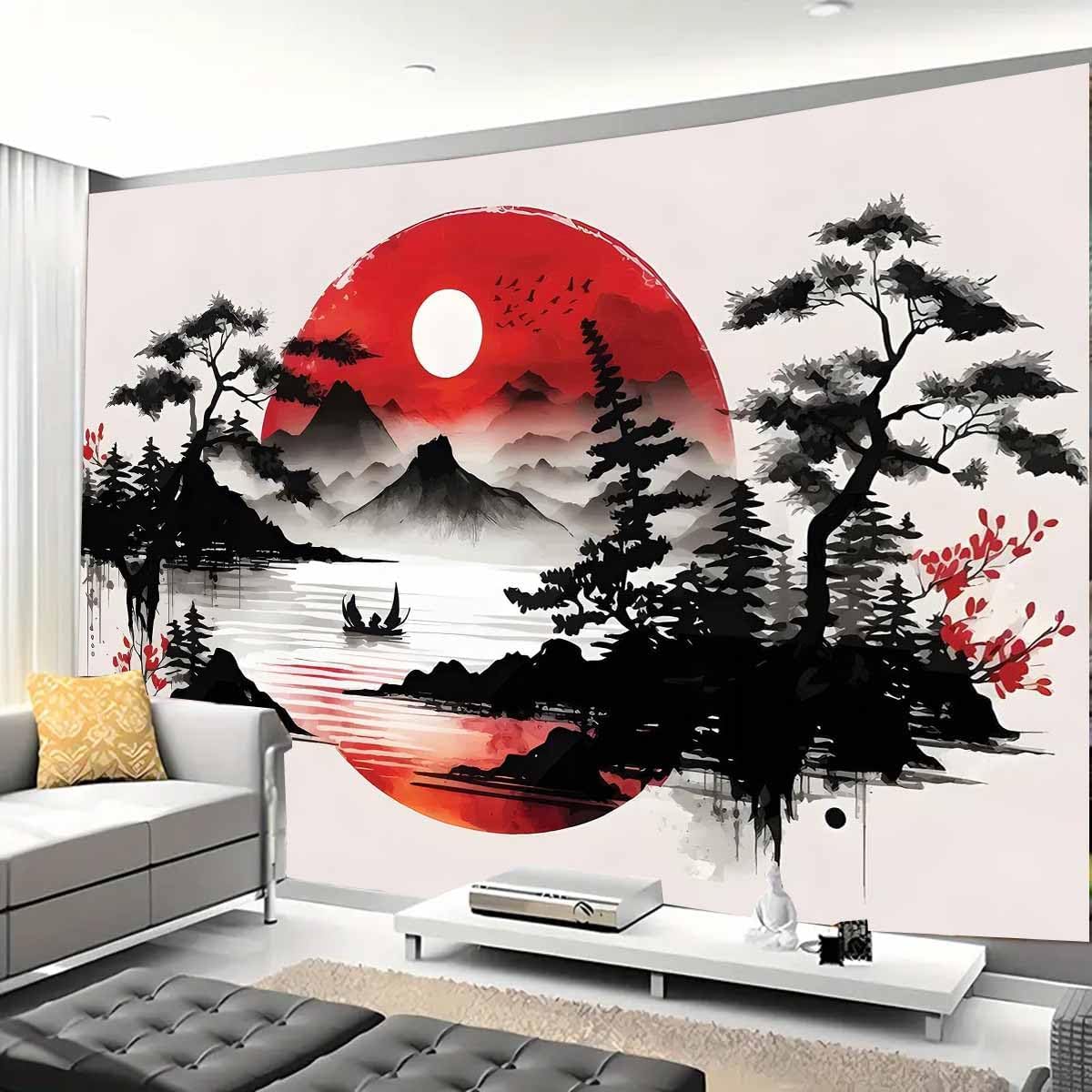 Home Decor Zen Style - جدارية نسيجية بمنظر جبلي ياباني، طراز